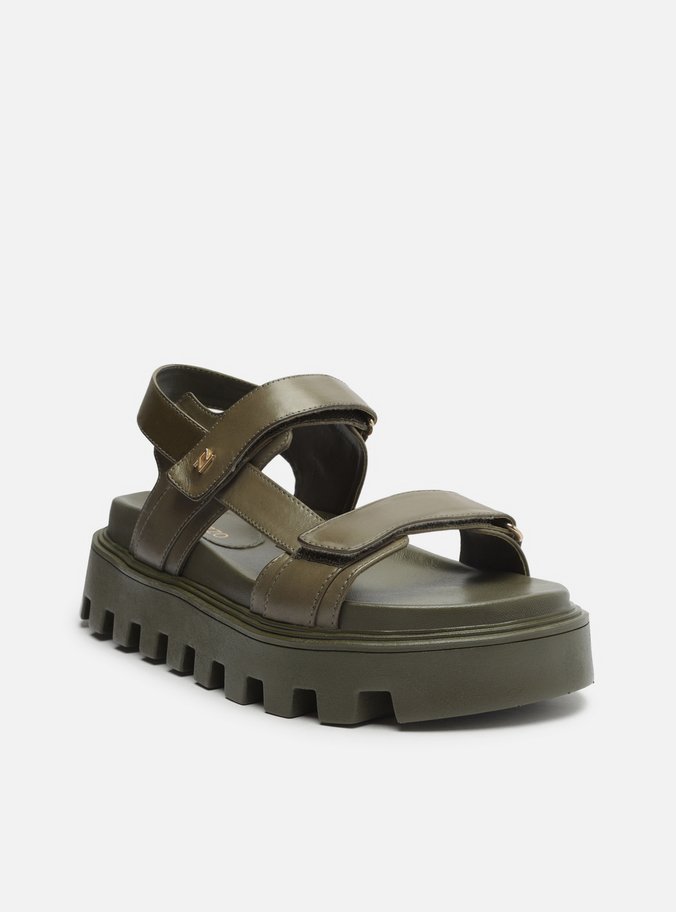 Sandália Papete Verde Couro Flatform Tratorada
