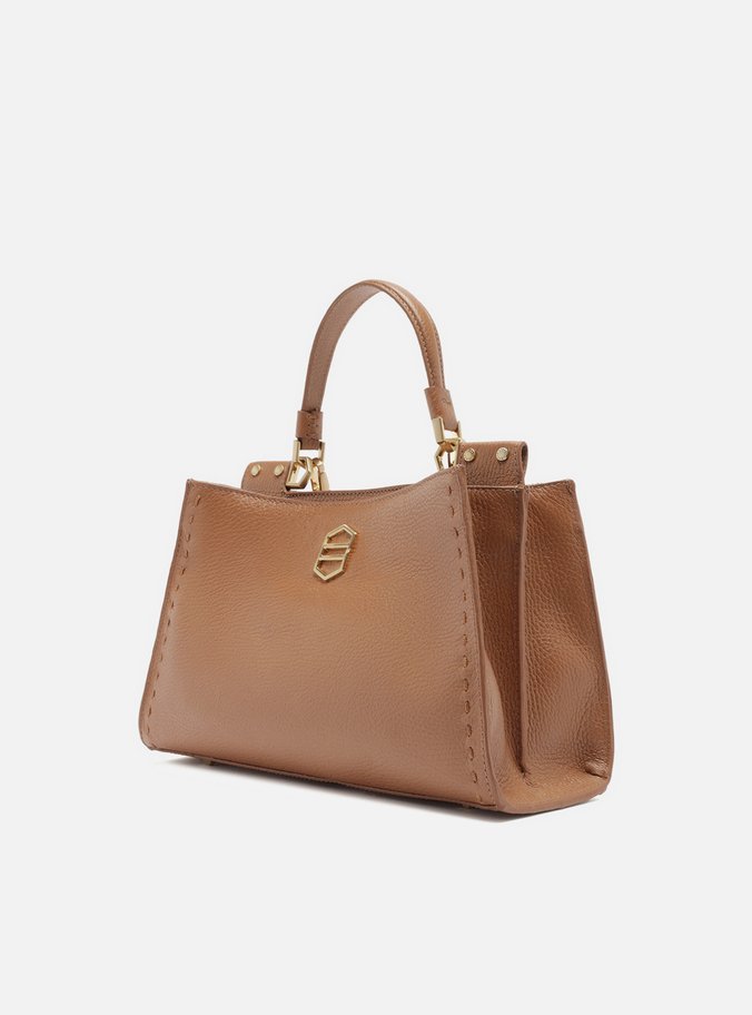 Bolsa Tote Marrom Couro Grande Metal