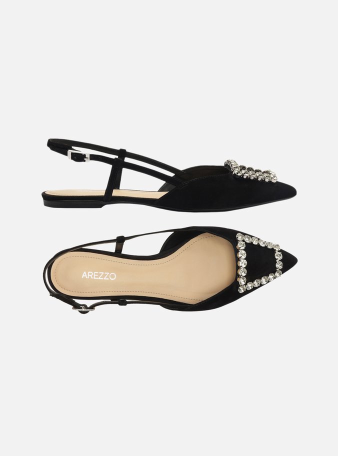 Sapatilha Preta Nobuck Bico Fino Slingback Pedraria