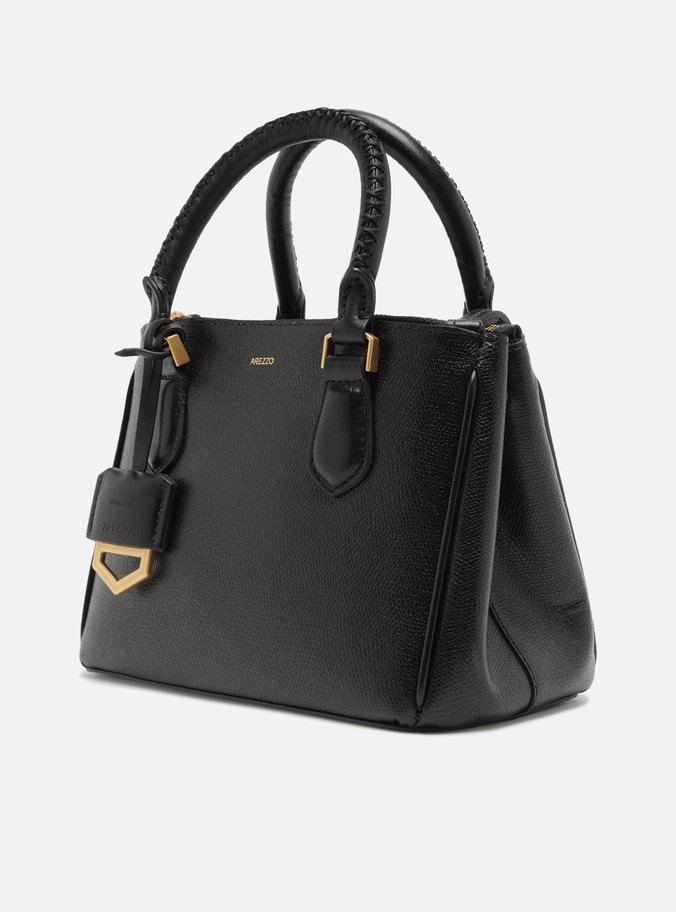 Tote Preta Couro Média Bag Charm Metal