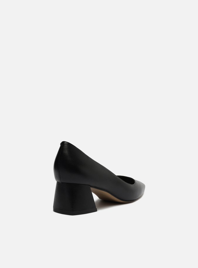 Scarpin Preto Couro Bloco Bico Quadrado