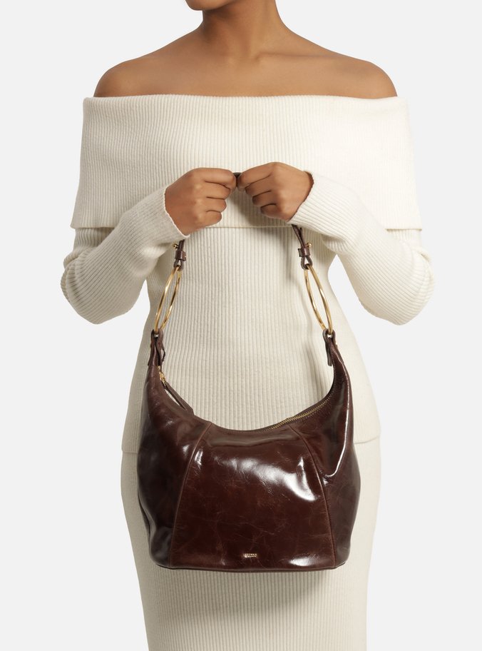 Bolsa Shoulder Marrom Couro Média Argolas Alça