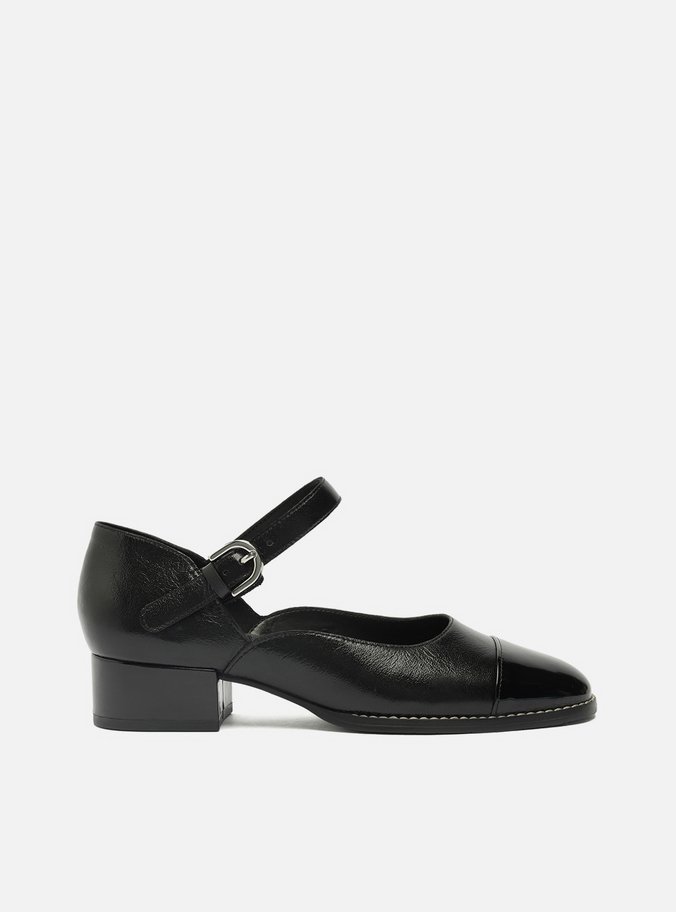 Sapato Boneca Preto Couro Bloco Cap Toe