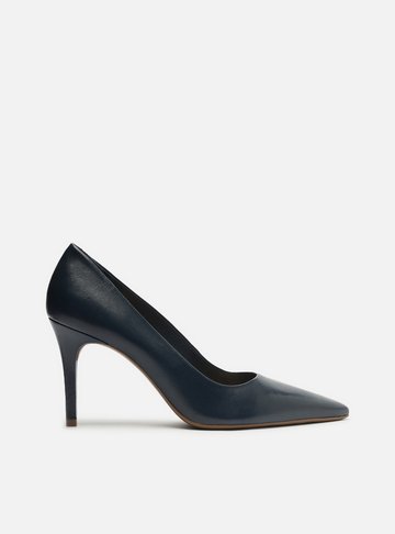 Scarpin Azul Couro Salto Médio Bico Fino
