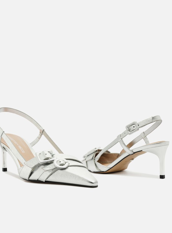 Scarpin Prata Couro Salto Baixo Slingback