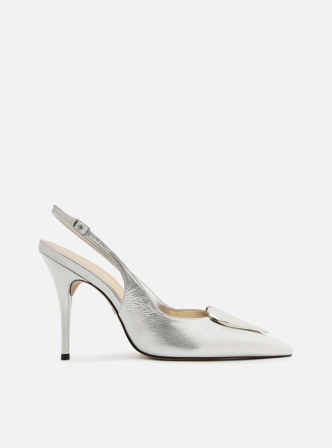 Scarpin Prata Couro Slingback Coração Metal