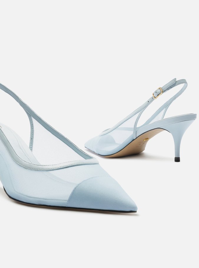 Scarpin Azul Tela Salto Kitten Slingback
