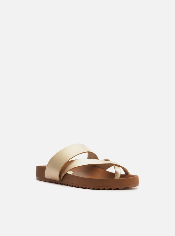 Papete Dourada Couro Flatform Tiras Cruzadas