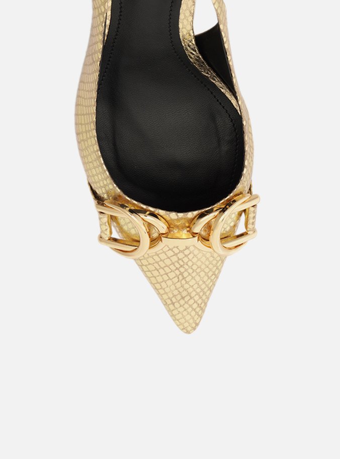 Scarpin Dourado Snake Bico Fino Slingback Bridão