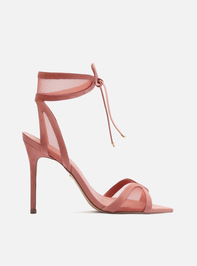 Sandália Rosa Tela Salto Alto Amarração