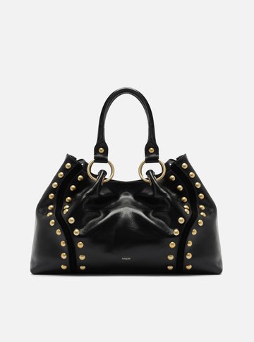 Bolsa Tote Preta Couro Grande Rebites