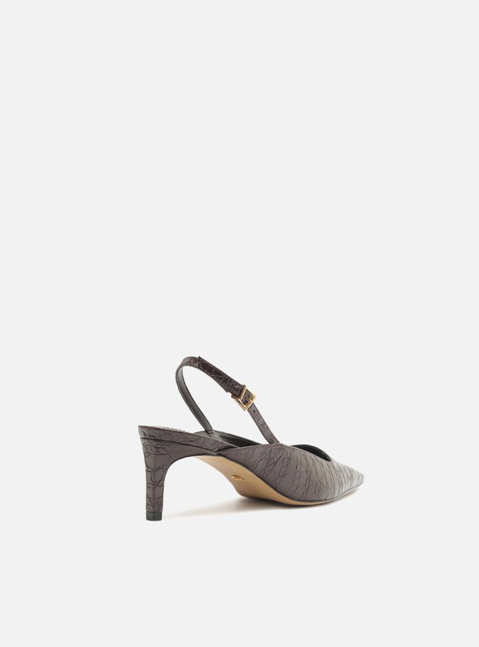 Scarpin Marrom Croco Salto Baixo Slingback