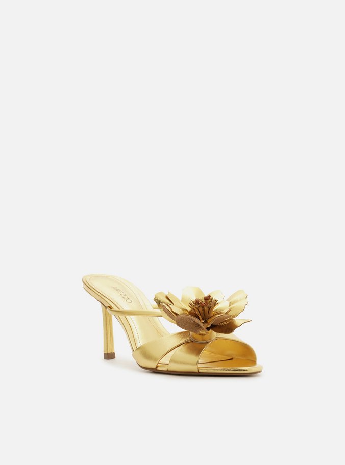 Mule Dourada Couro Salto Fino Flor