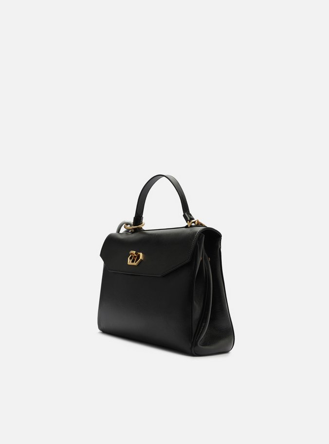 Bolsa Satchel Preta Couro Média Bag Charm Nó
