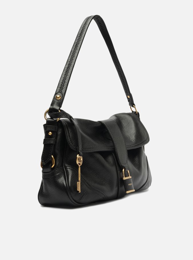 Bolsa Tiracolo Preta Couro Média Cadeado