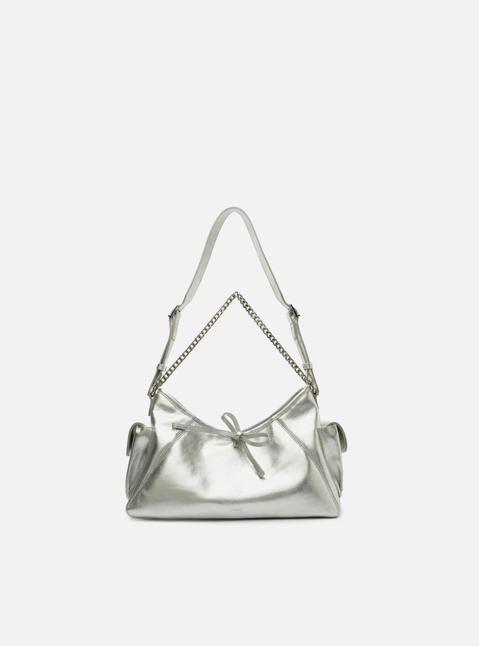 Bolsa Tiracolo Prateada Couro Pequena Laço