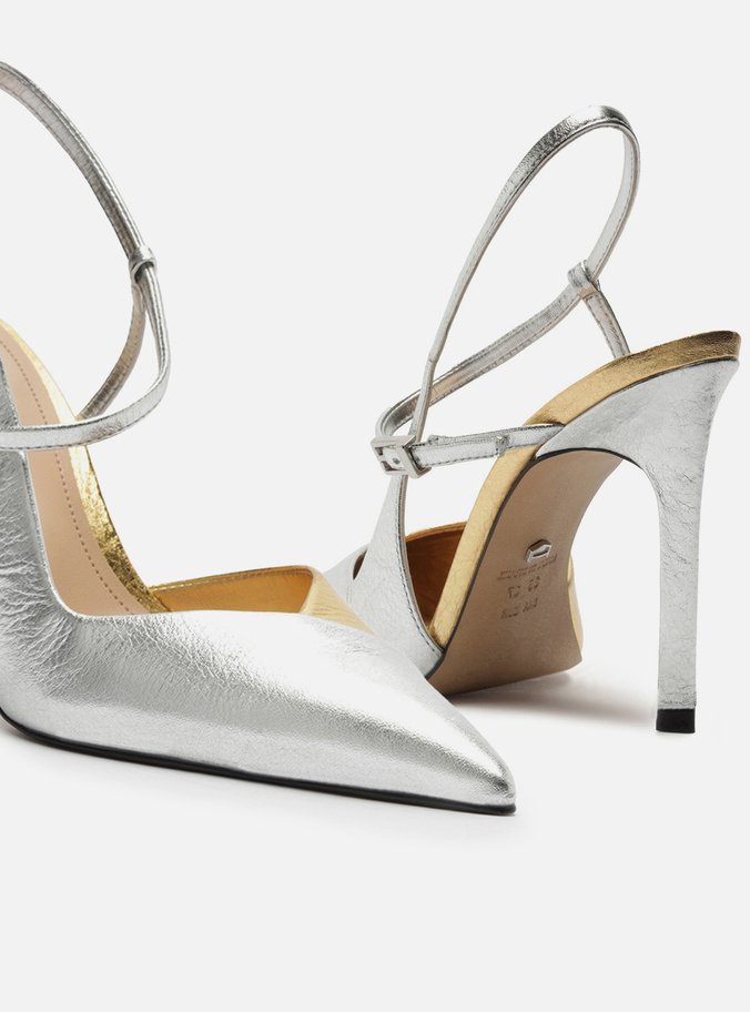 Scarpin Prateado Salto Alto Slingback Cruzado