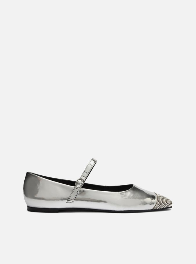 Sapatilha Boneca Prateada Bico Quadrado Strass