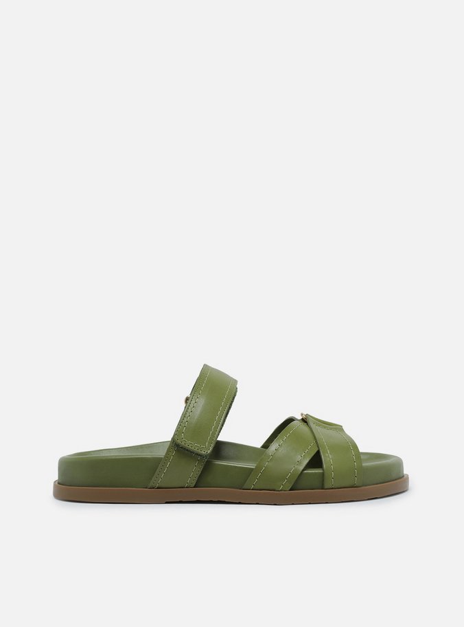Sandália Rasteira Verde Couro Tiras Velcro