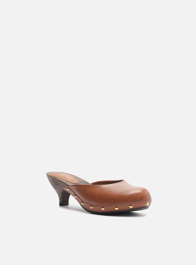 Mule Clog Caramelo Couro Salto Baixo