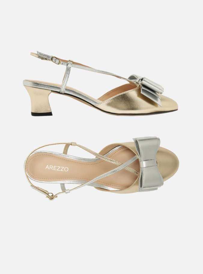 Scarpin Dourado Couro Salto Baixo Slingback Laço