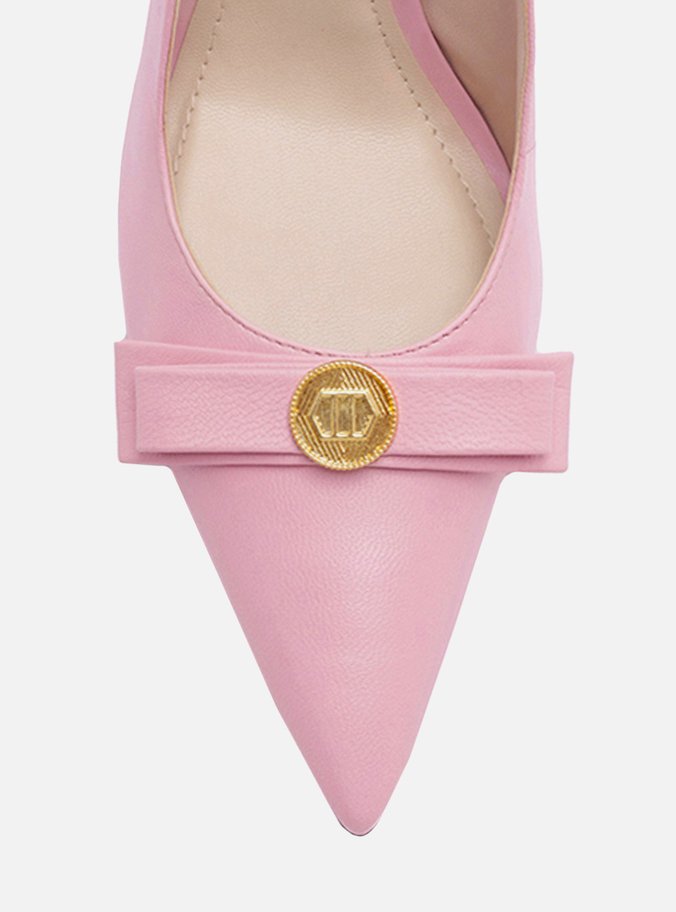 Scarpin Rosa Couro Bico Fino Slingback Laço