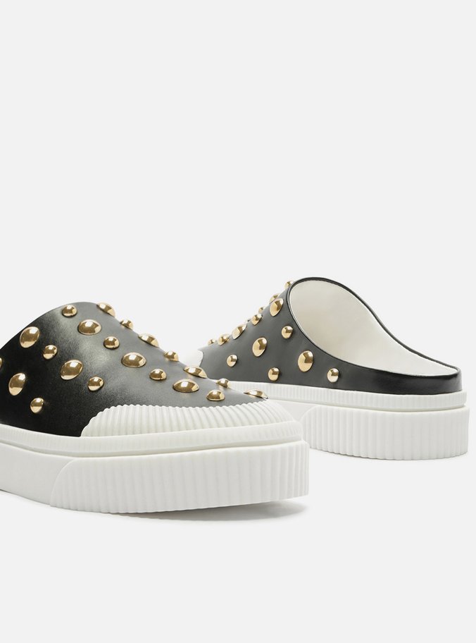 Tênis Mule Slip On Preto Couro Studs Miley