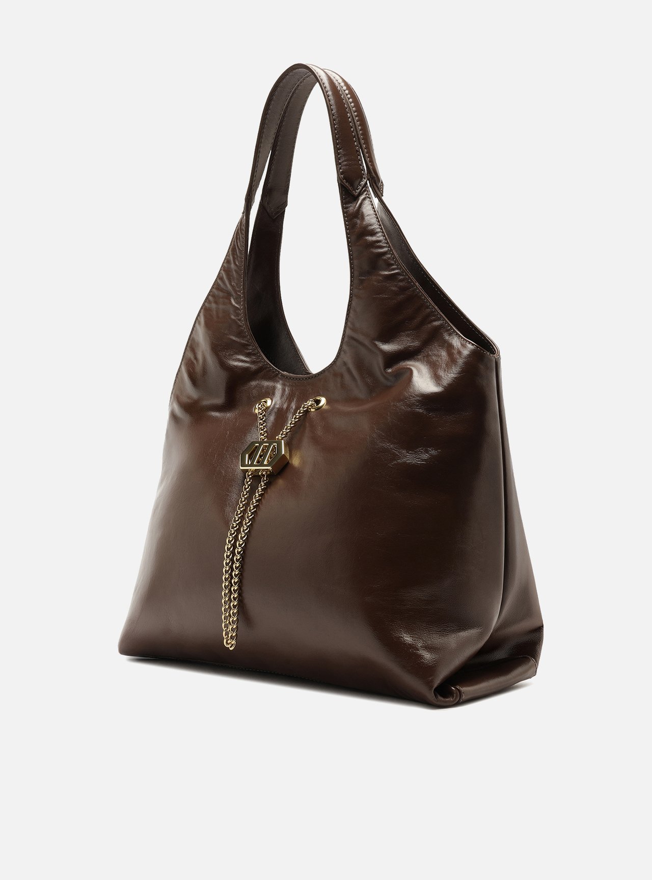 Bolsa Hobo Marrom Couro Grande Corrente Dourada — foto 2