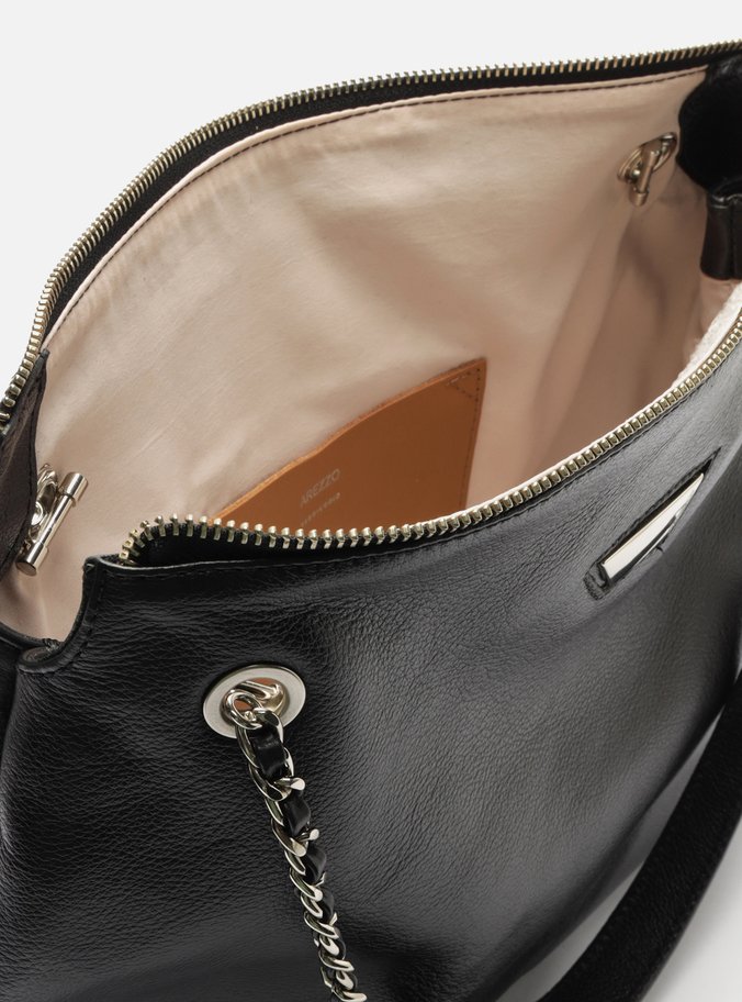 Bolsa Shopping Preta Couro Grande Metal