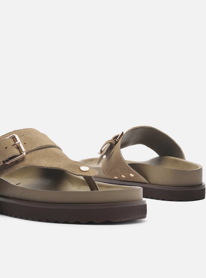 Sandália Papete Verde Suede Tira Fivela