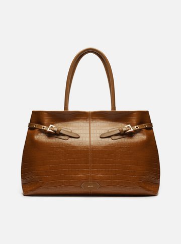 Bolsa Shopping Caramelo Couro Croco Grande Fivelas