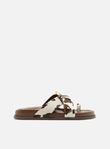 Arezzo — Sandália Papete Animal Print Couro Flatform Fivela Dourada