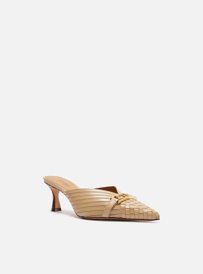 Mule Nude Couro Bico Fino Slingback Metal