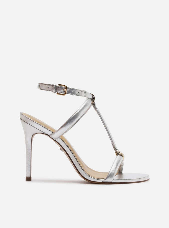 Sandália Prata Salto Alto Fino Elos Metálicos