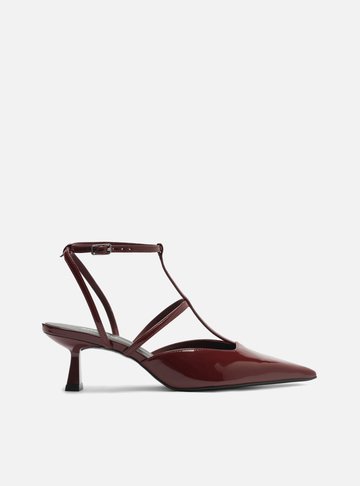 Scarpin Bordô Verniz Salto Médio Aberto Tiras