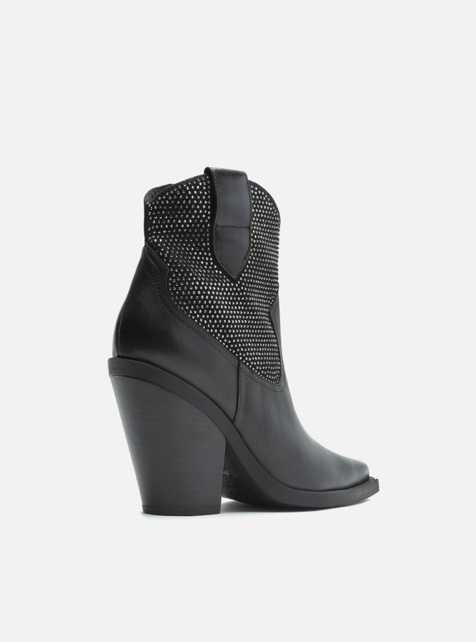 Bota Preta Couro Cano Curto Bloco Strass Western
