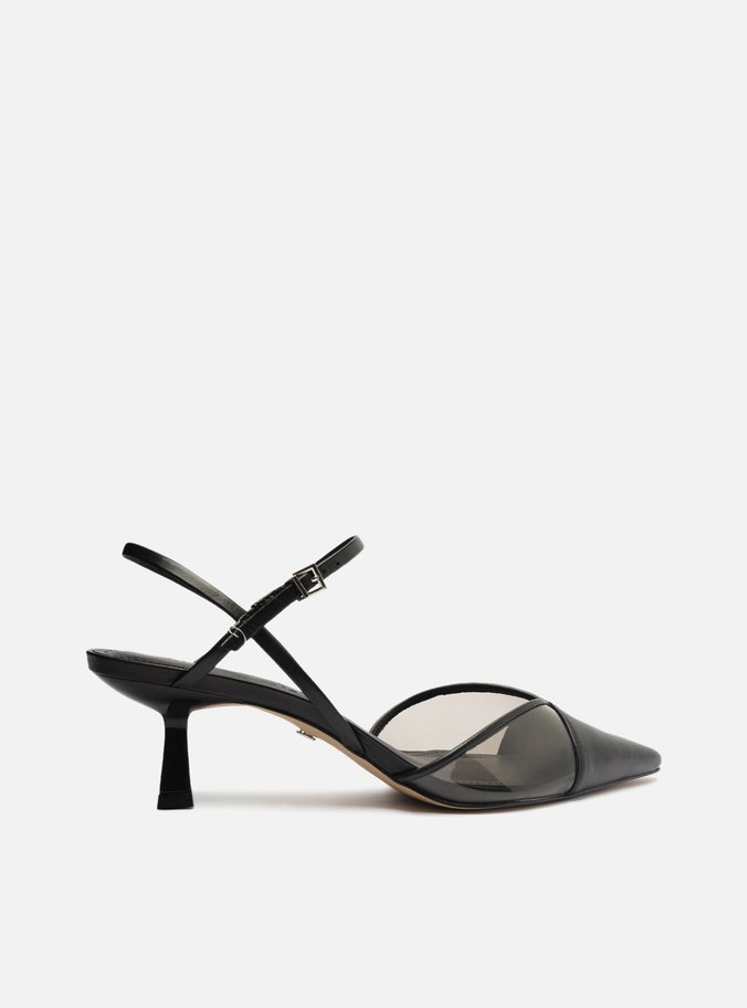 Scarpin Preto Couro Salto M dio Bico Fino Vinil