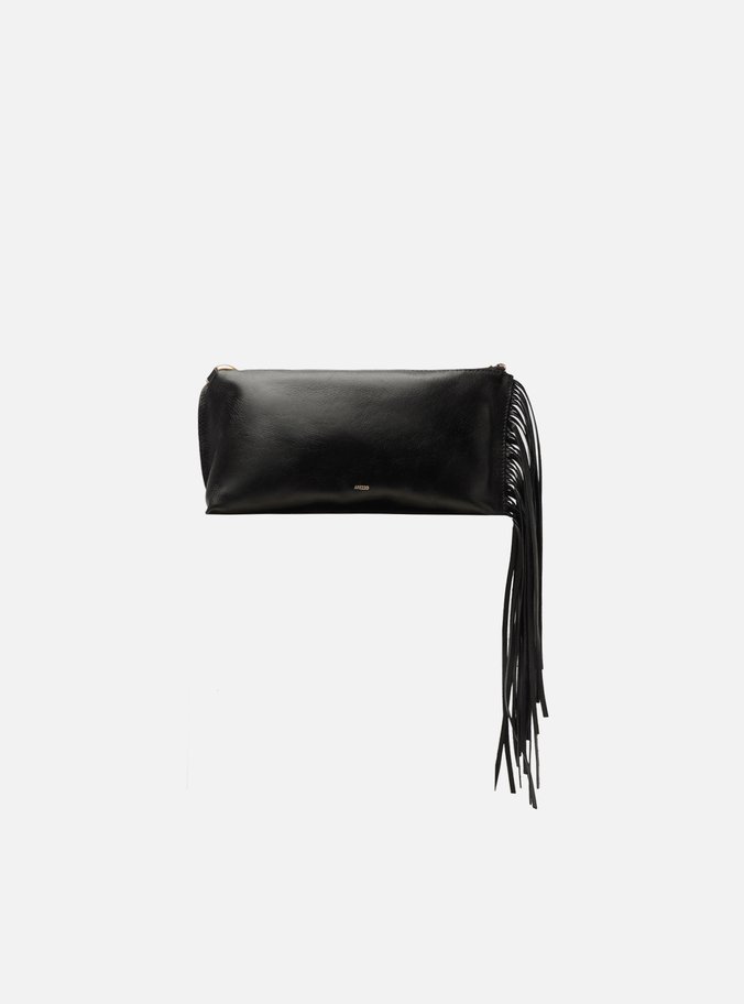 Tiracolo Preta Couro Pequena Franjas Elos