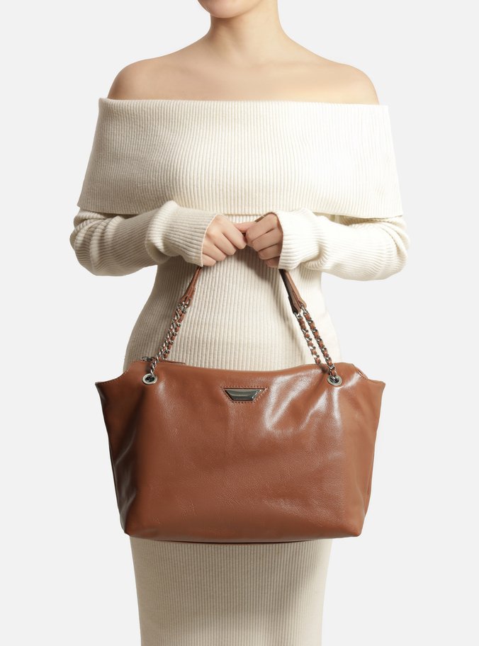Bolsa Shopping Marrom Couro Grande Metal