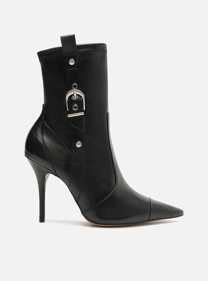 Bota Preta Couro Cano Curto Bico Fino Fivela