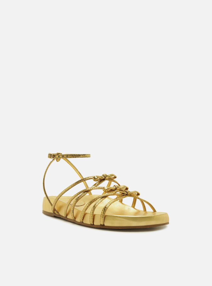 Sandália Rasteira Dourada Couro Flatform Laços