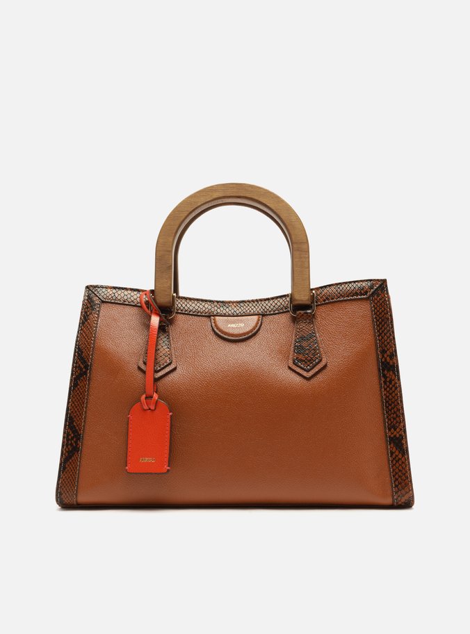 Bolsa Tote Marrom Couro Média Alça Madeira Snake