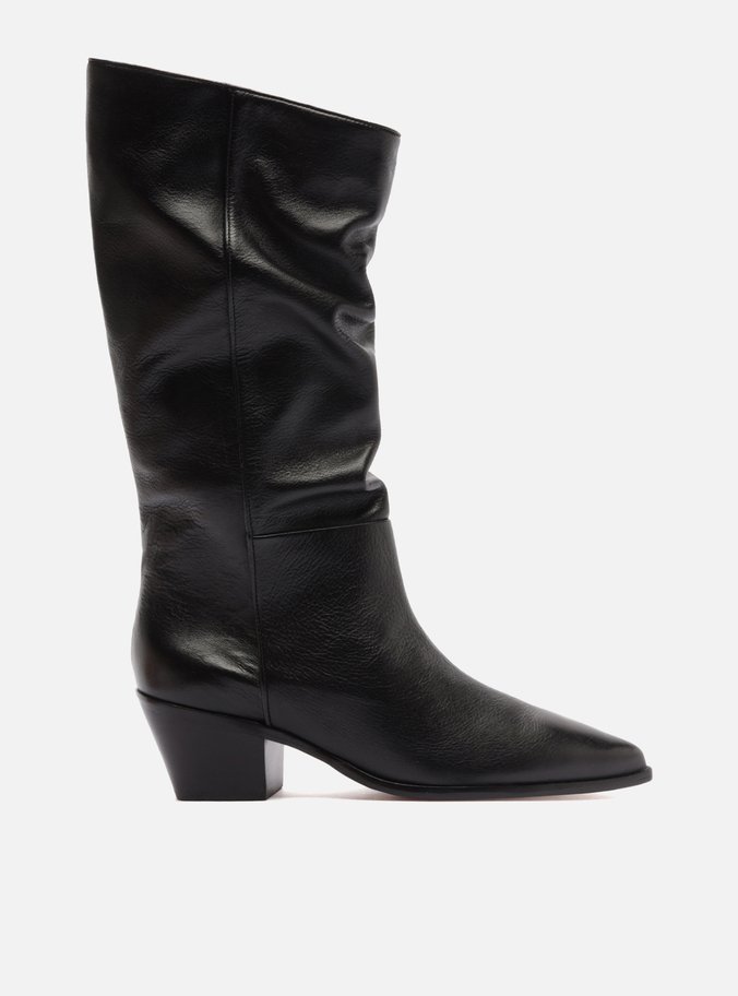 Bota Preta Couro Cano Médio Salto Médio Slouch