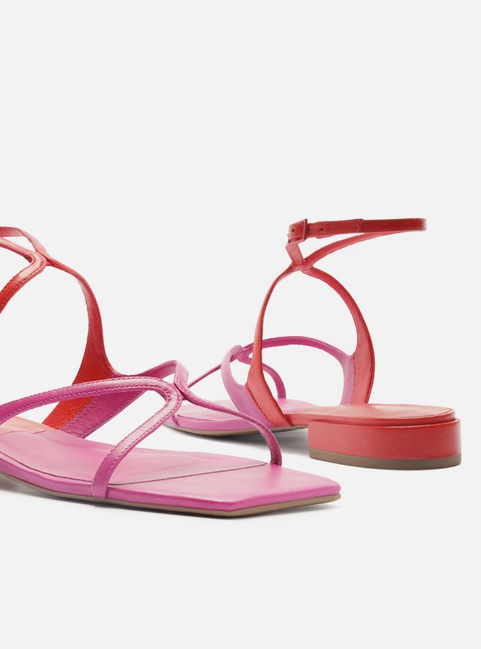 Sandália Rasteira Vermelha Couro Rosa Tiras