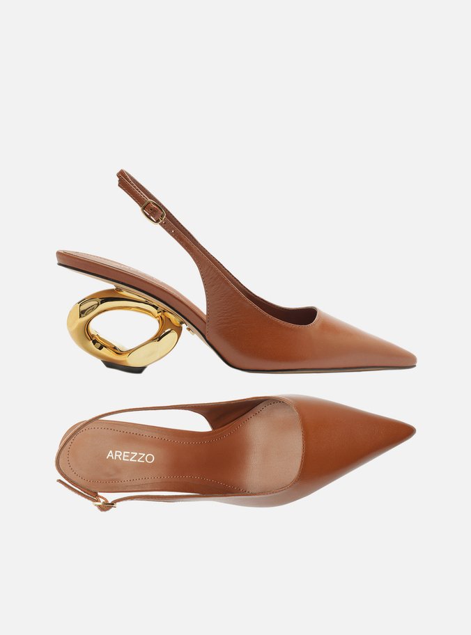 Scarpin Caramelo Couro Salto Geométrico Slingback