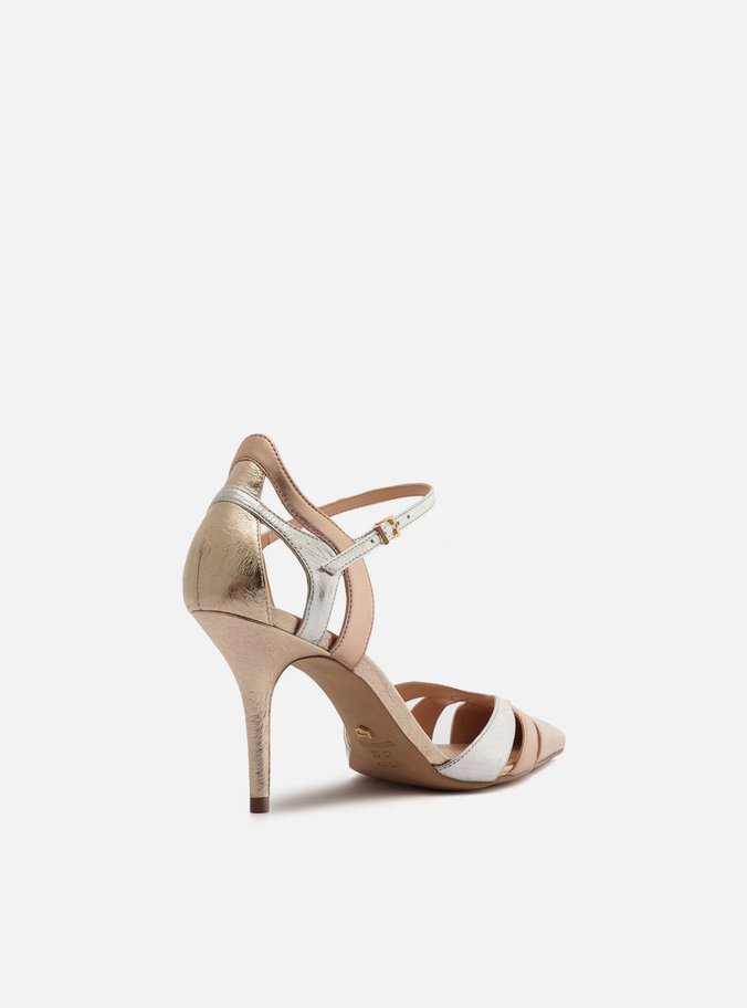 Scarpin Dourado Couro Salto Fino Mix Tiras