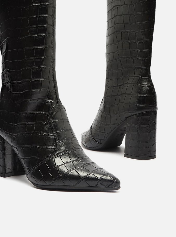 Bota Preta Croco Cano Longo Salto Bloco Easy