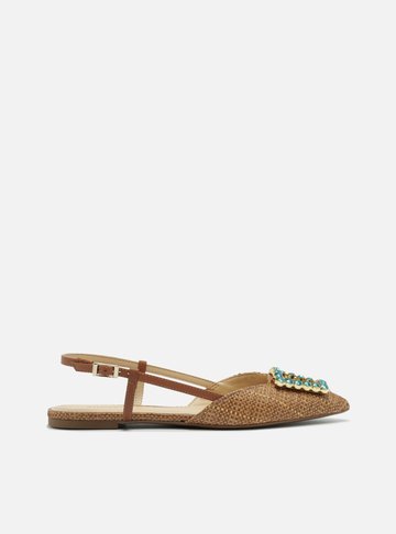 Sapatilha Marrom Tramada Bico Fino Slingback Pedraria