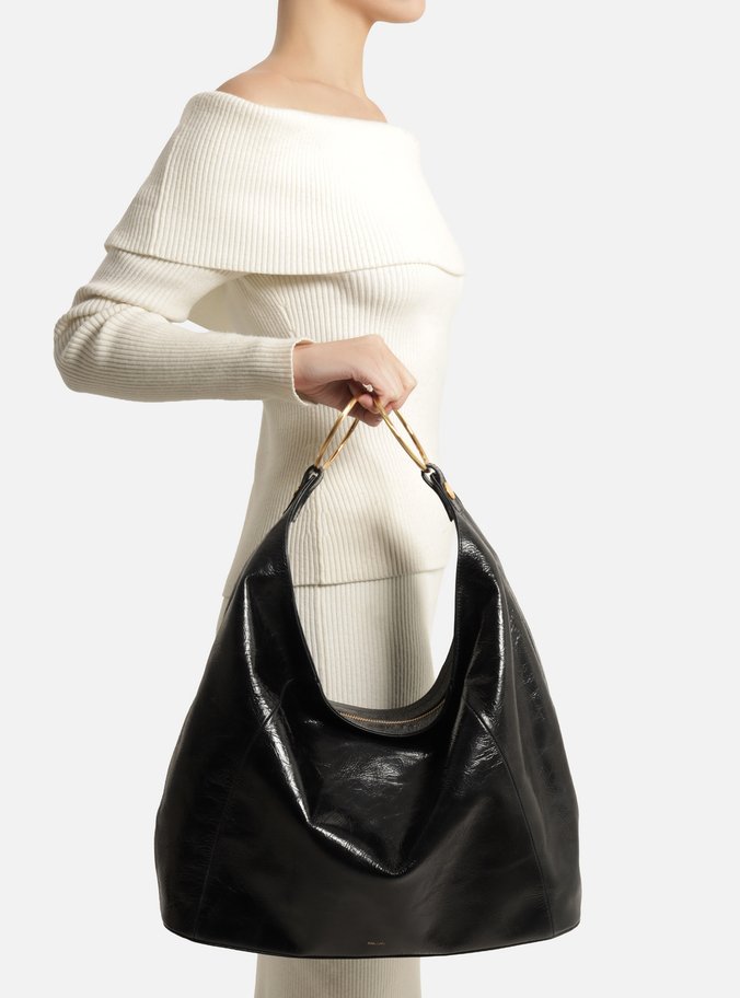 Bolsa Hobo Preta Couro Grande Argolas Alça