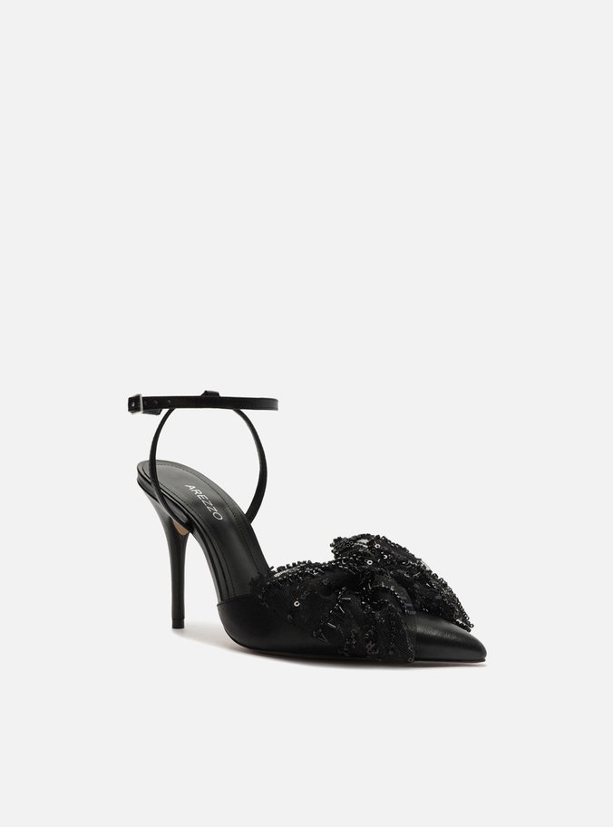Scarpin Preto Couro Salto Alto Laço Paetês